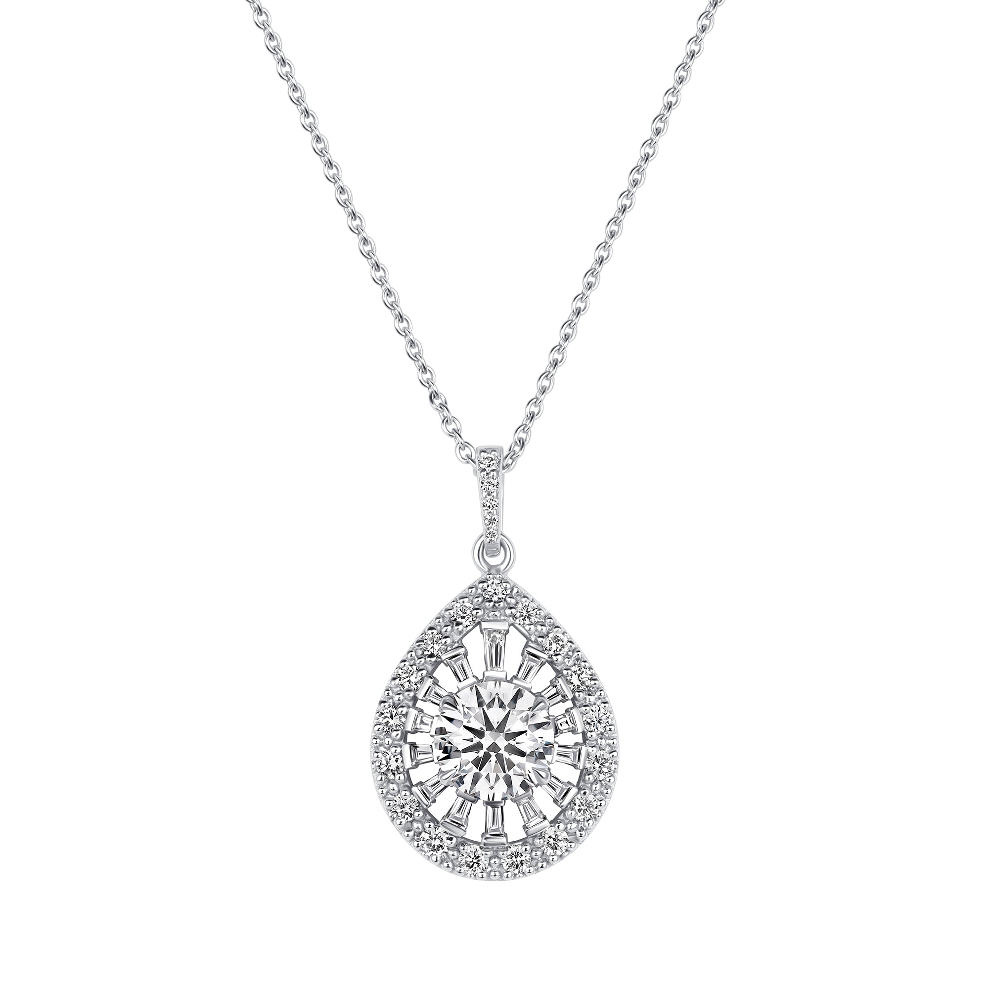 Teardrop diamond pendant necklace on a white background